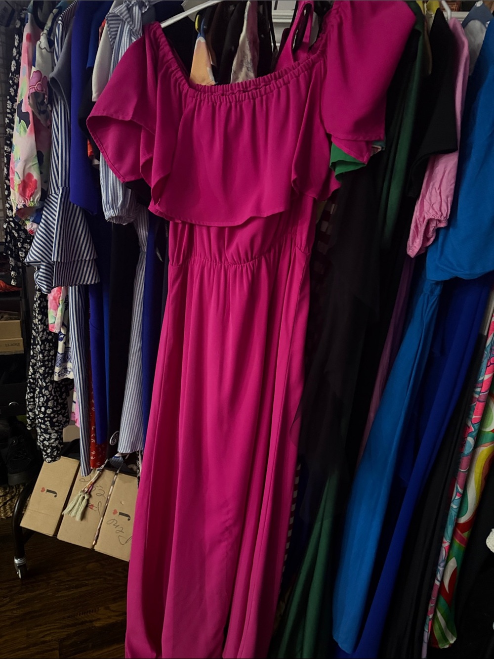 Fuchsia Off-Shoulder Ruffle Maxi Dress - Picture 2 of 3